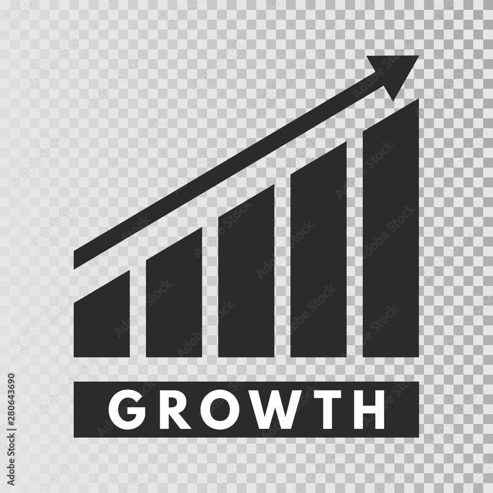 Growth template. Growing bar graph icon on transparent background. Business progress. Finance, career grows concept. Vector illustration