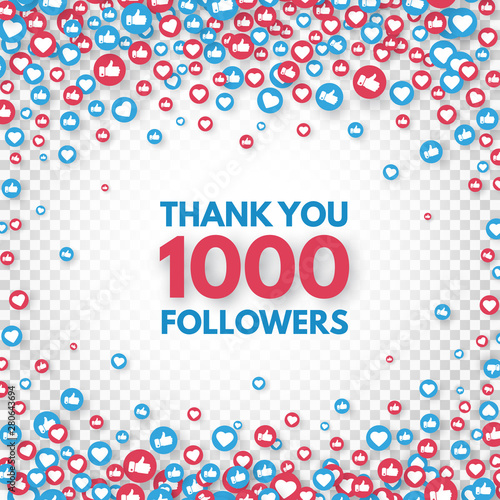 Thank you 1000 followers background. Social media concept. 1k followers celebration banner. Like and thumbs up. Achievement poster. Counter notification icons. Vector illustration
