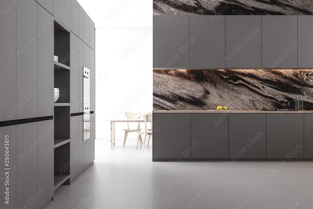 Black marble kitchen interior with table - obrazy, fototapety, plakaty 