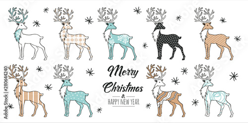 Set of hand drawn christmas  reindeer. Decoration isolated elements. Doodles and sketches vector illustration