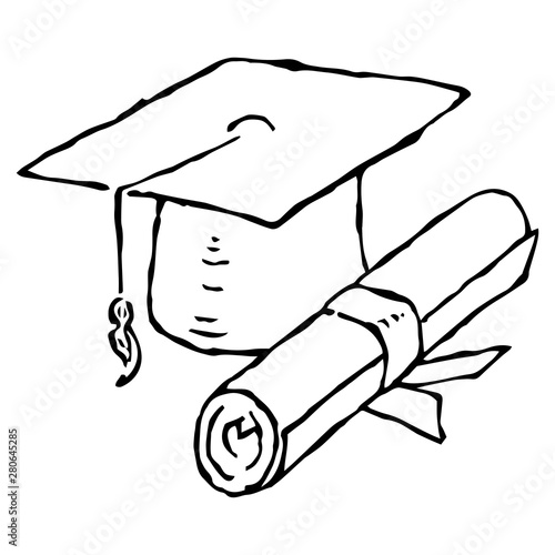 Square academic hat with a tassel. Graduation. Diploma rolled into roll. Scroll with a ribbon. Vector illustration. Simple hand drawing icon.