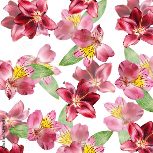 Beautiful floral background of burgundy lilies and pink alstroemeria. Isolated © Ann-Mary