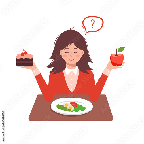 Useful and useless food. Vector flat illustration with nice woman.