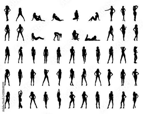 Black silhouettes of beautiful girls in various poses, vector