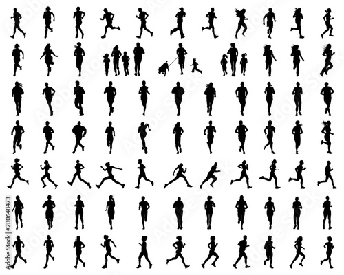 Black silhouettes of people running on a white background