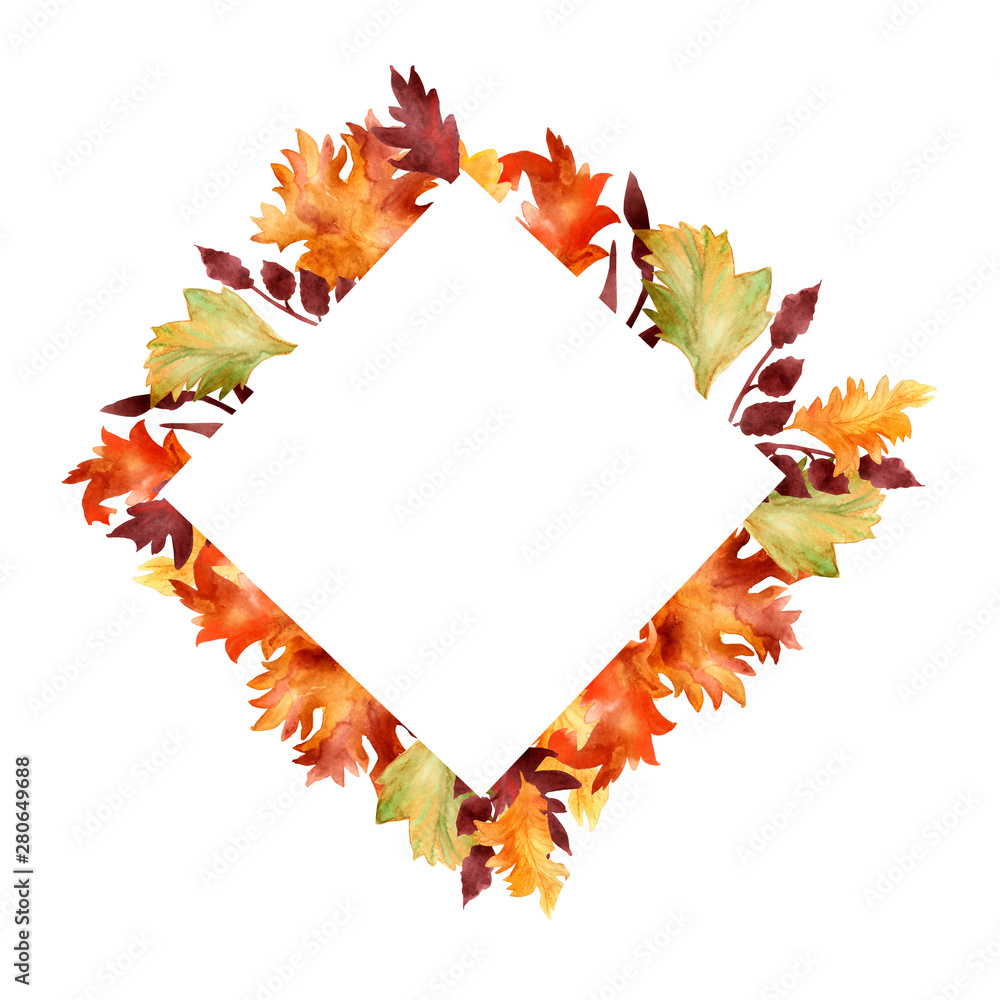 Watercolor hand painted autumn rhombus frame with different yellow, red, orange and maroon leaves and branches Watercolor hand painted autumn rhombus frame with different yellow, red, orange and maroon leaves and branches