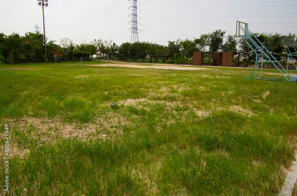 abandoned basketball playground on grass