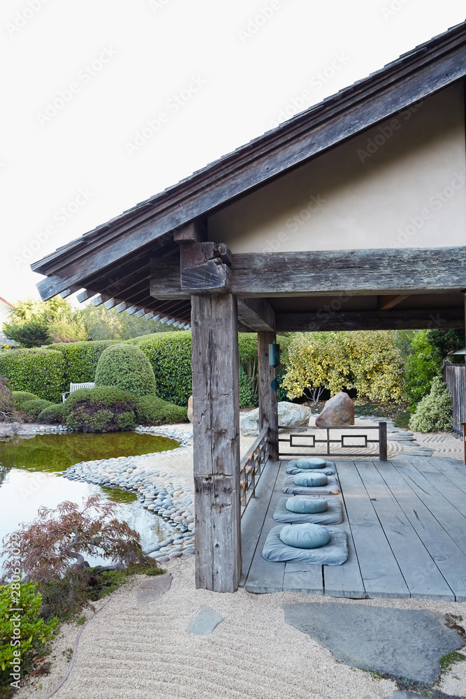 Meditation cushions in Japanese meditation garden Meditation cushions in Japanese meditation garden