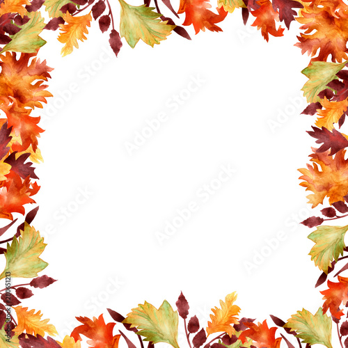 Watercolor lush frame of colorful branches and leaves isolated on white background. Flower pattern for beautiful wedding invitation design  greeting cards.