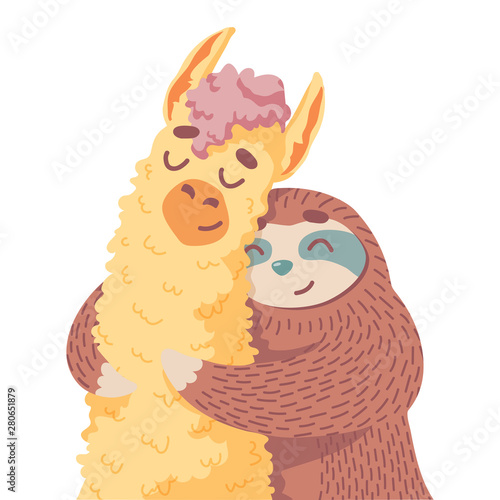 cute cartoon lama alpaca with sloth. friendship and best friend forever concept. colorful children's poster