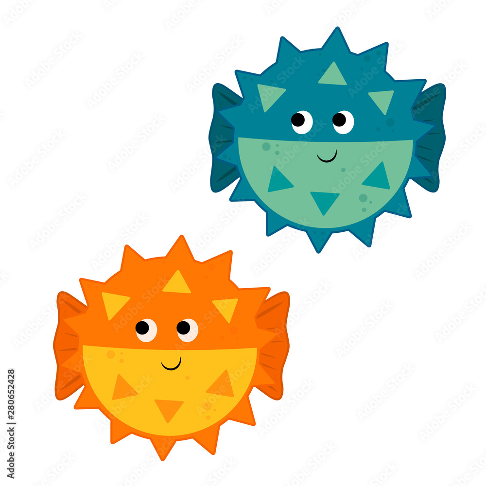 Fototapeta premium set cute vector illustration cartoon fish Fugu. orange and blue globefish isolated on white background