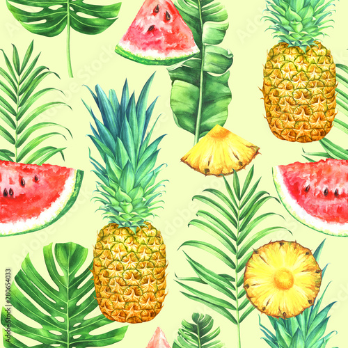 Fototapeta Naklejka Na Ścianę i Meble -  Seamless watercolor pattern with pineapples, watermelons and tropical leaves.
