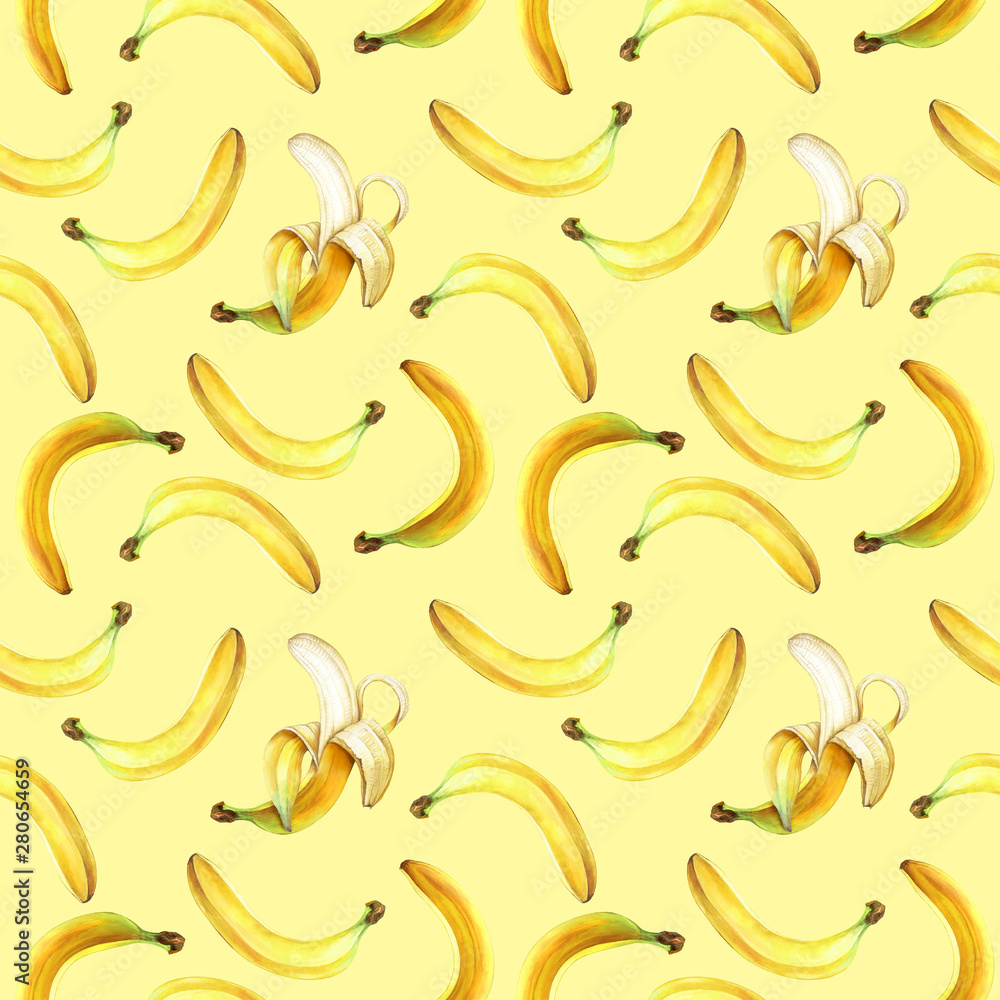 Seamless pattern with bananas isolated on yellow. Watercolor illustration. Seamless pattern with bananas isolated on yellow. Watercolor illustration.