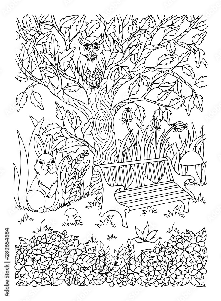 Vector illustration zentangl. A rabbit is sitting on a forest clearing ...