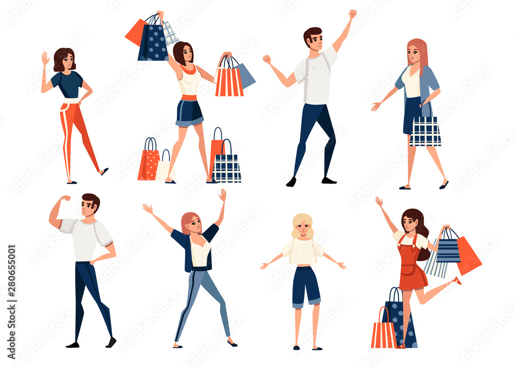 Set of happy people men and women wearing casual clothes with upraised hands and woman with shopping bags cartoon character design flat vector illustration Set of happy people men and women wearing casual clothes with upraised hands and woman with shopping bags cartoon character design flat vector illustration