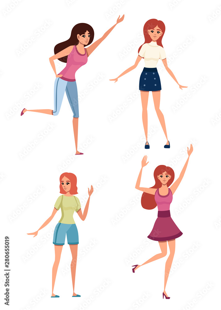 Set of happy woman in casual clothes with up raised arms cartoon character design flat vector illustration isolated on white background Set of happy woman in casual clothes with up raised arms cartoon character design flat vector illustration isolated on white background