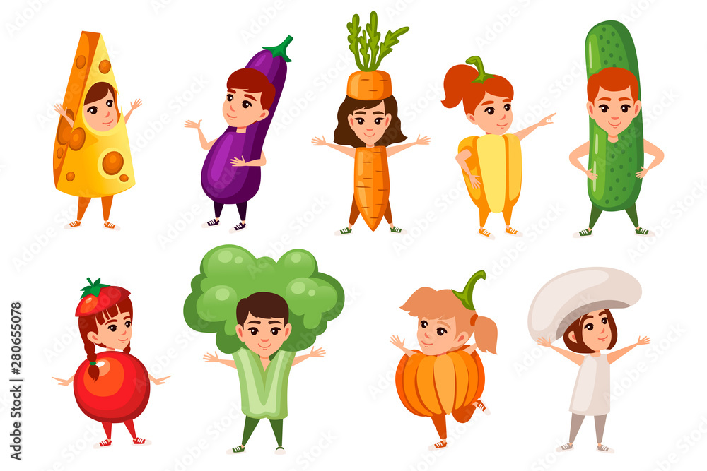Fototapeta premium Set of boys and girls kid wearing vegetables and other food costume cartoon character design flat vector illustration isolated on white background