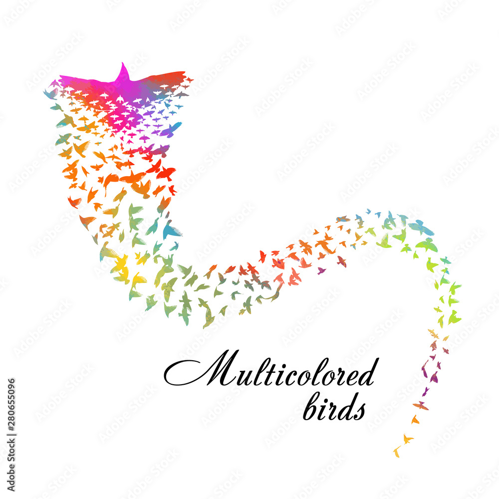 Obraz premium Multi-colored birds. Abstract bird mosaic. A flock of flying rainbow birds. Vector illustration