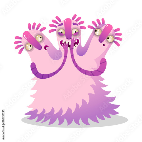 Cute funny colorful pink monster with three heads