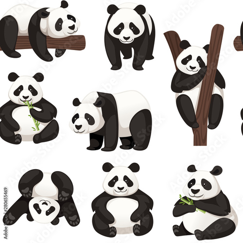 Seamless pattern of cute big panda in different poses cartoon animal design flat vector illustration