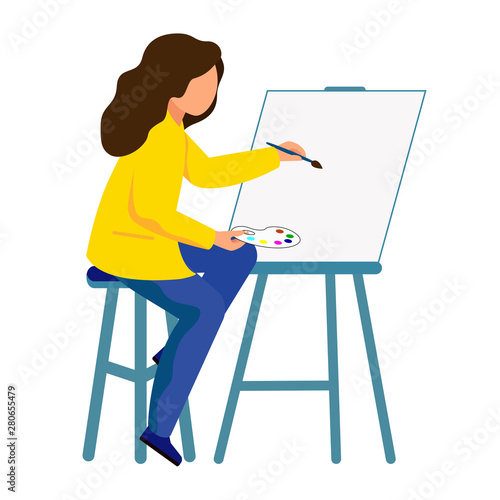The artist holds a brush and paints. The girl sits in front of the easel and draws a picture.