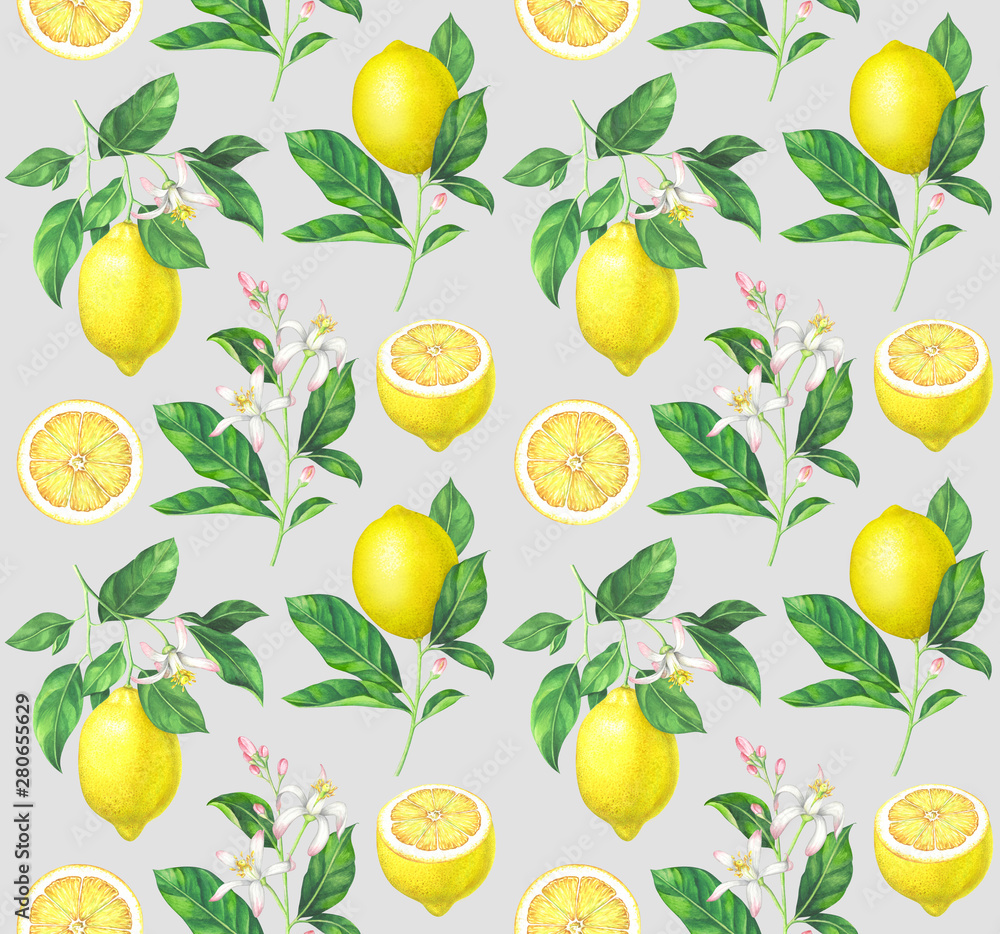 Obraz premium Watercolor lemon pattern on gray background