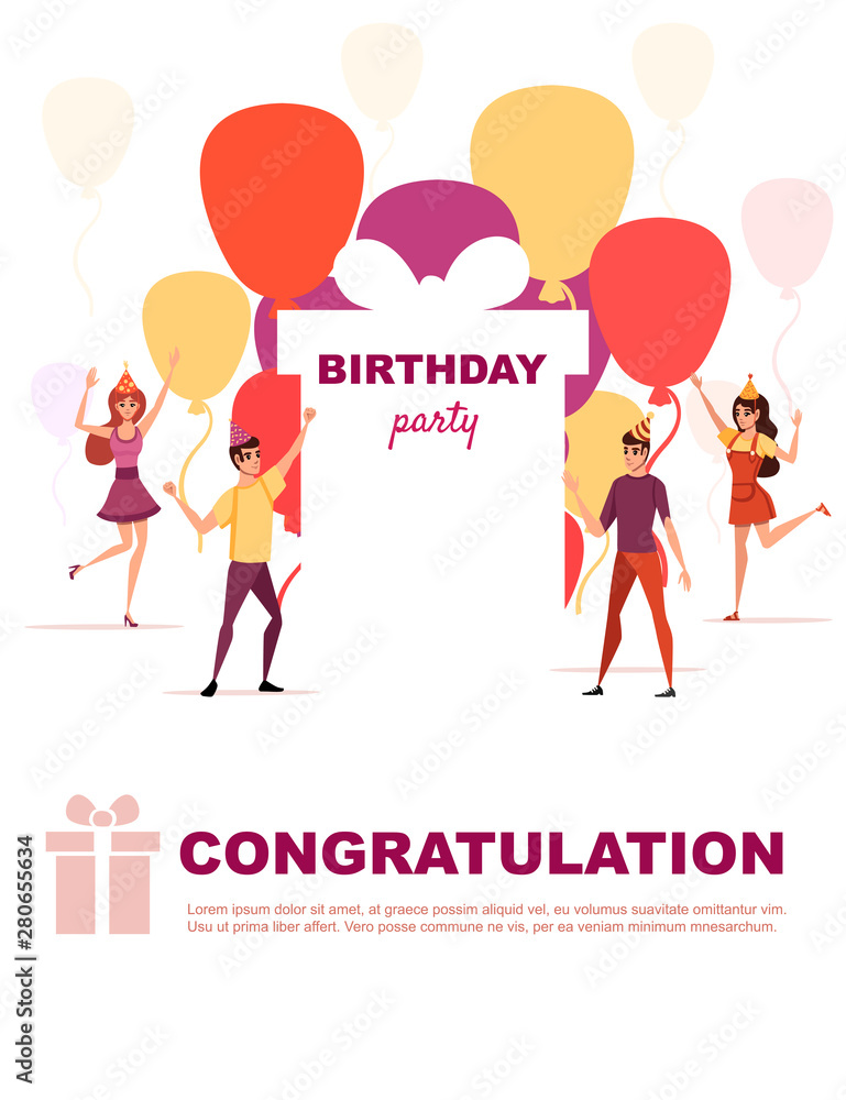 Birthday party card template with balloons and happy people cartoon character design flat vector illustration vertical banner design Birthday party card template with balloons and happy people cartoon character design flat vector illustration vertical banner design