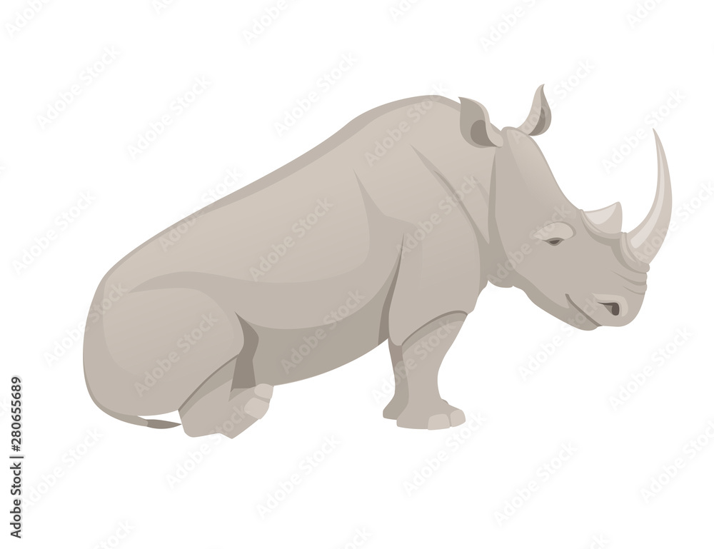 African rhinoceros sitting on the ground side view cartoon animal design flat vector illustration isolated on white background
