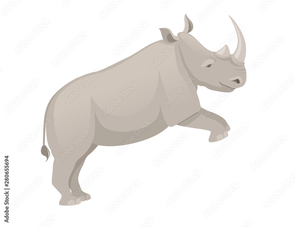 Obraz premium African rhinoceros jumping side view cartoon animal design flat vector illustration isolated on white background