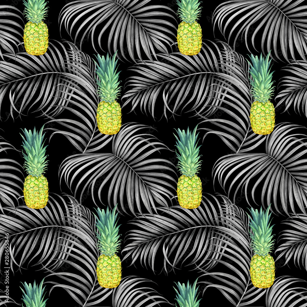 Naklejka premium Seamless pattern with pineapples and tropical branches. Watercolor illustration.