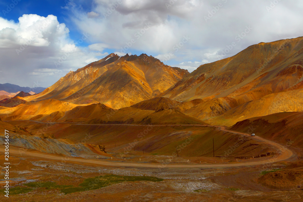 The Pamir highway. High Alpine road in Tajikistan. Mountain Badakhshan