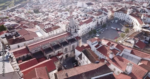 Aerial panoramic view of Elvas sity with main square and cathedral, Portugal