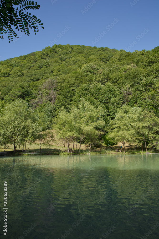 Green forest by the lake in reflection in the water beauty in nature . Clean green trees reflection on the mountain lake surface Green forest by the lake in reflection in the water beauty in nature . Clean green trees reflection on the mountain lake surface