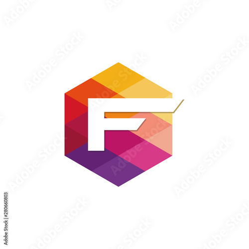 Colorful Digital Icon. F Letter Design Vector. mosaic hexagon colors