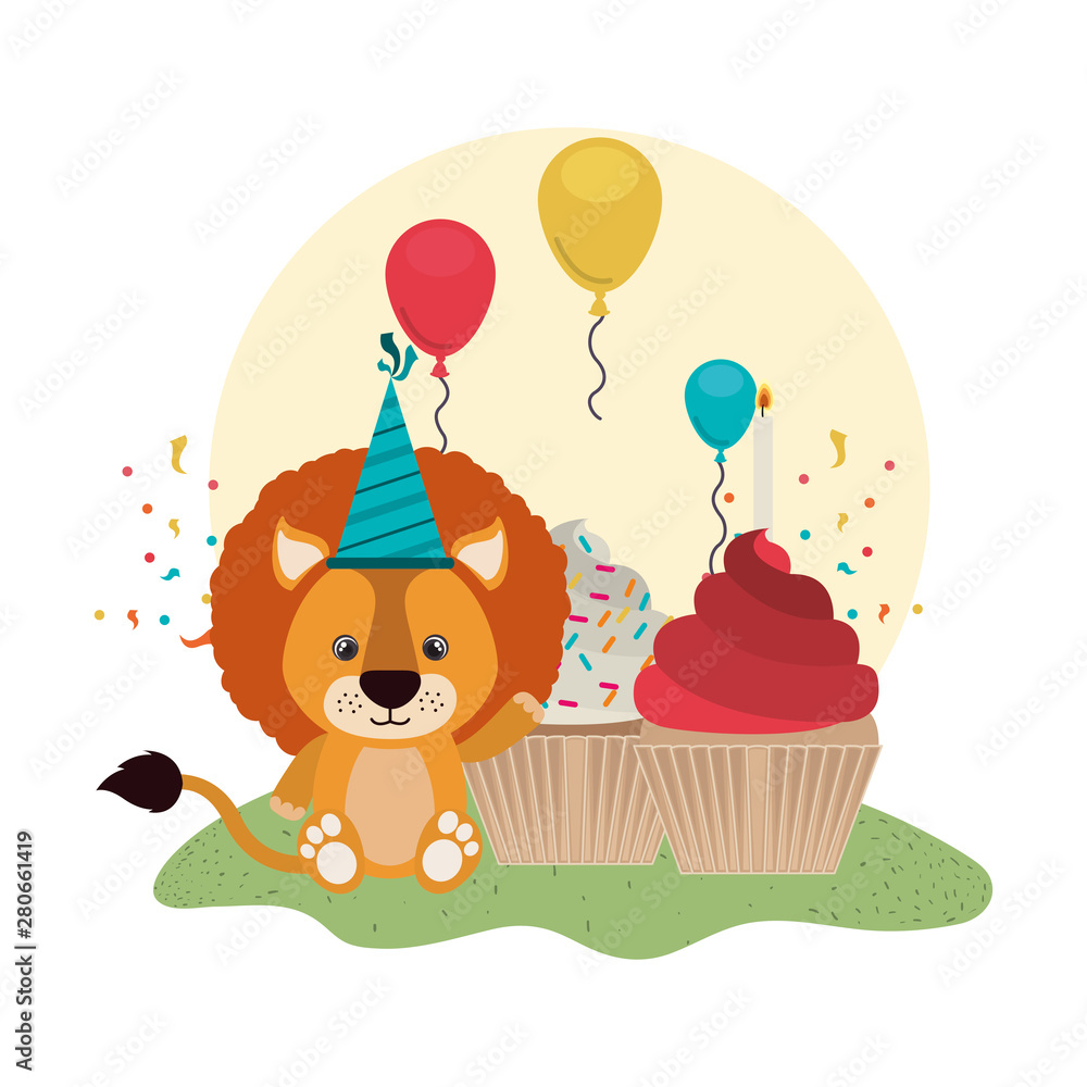 Obraz premium cute lion with cake of happy birthday