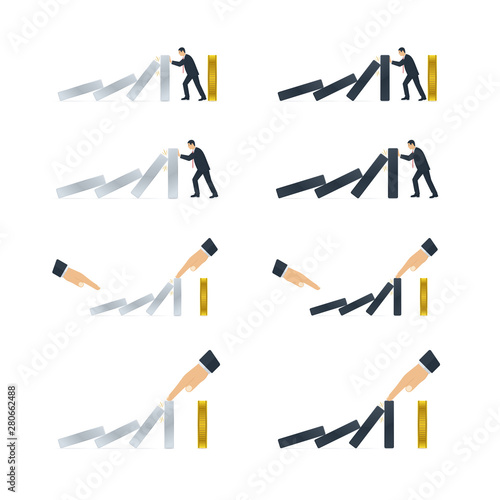 Hand and businessman trying to stop domino effect