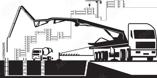 Concrete pump truck  working on construction site - vector illustration