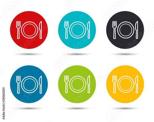 Plate with fork and knife icon flat round button set illustration design