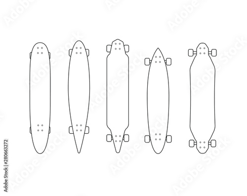 Vector outline black longboard icon set collection isolated on white background