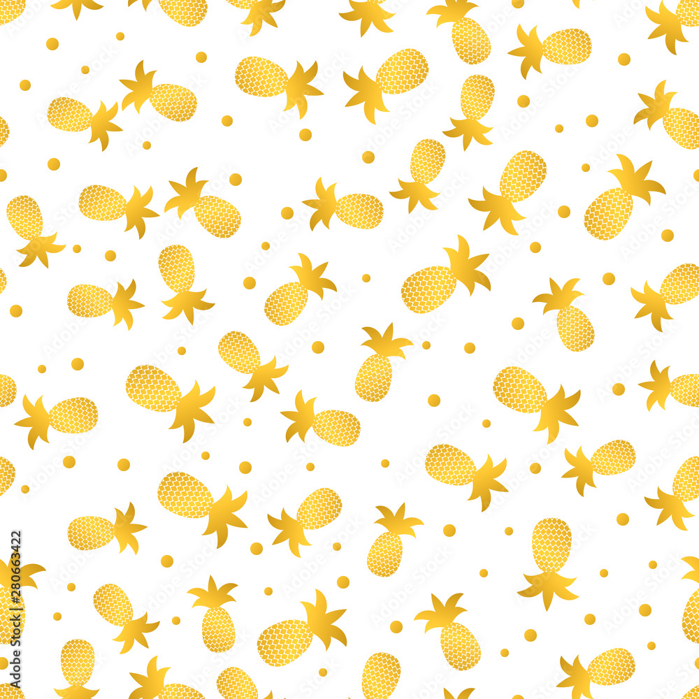 Seamless pattern with gold pineapple on white background. Golden tropical fruit vector illustration. Easy to edit template for logo design, poster, banner, invitation, flyer, clothes, etc. Seamless pattern with gold pineapple on white background. Golden tropical fruit vector illustration. Easy to edit template for logo design, poster, banner, invitation, flyer, clothes, etc.
