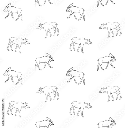 Vector seamless pattern of black hand drawn sketch moose isolated on white background © Sweta