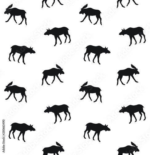 Vector seamless pattern of black moose silhouette isolated on white background
