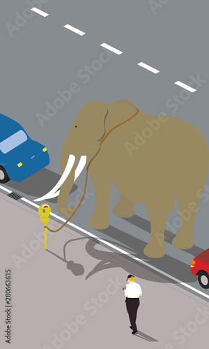 Elephant tied to a parking meter funny metaphor vector illustration