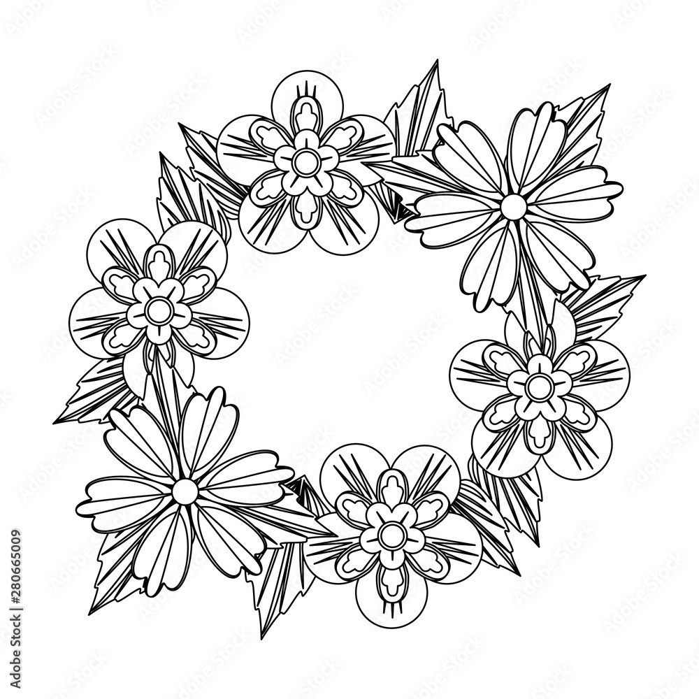 flowers tropical spring floral cartoon in black and white