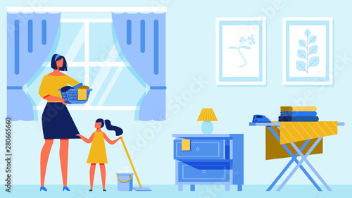 Woman and Girl Clean Apartment. Housekeeping. © Mykola