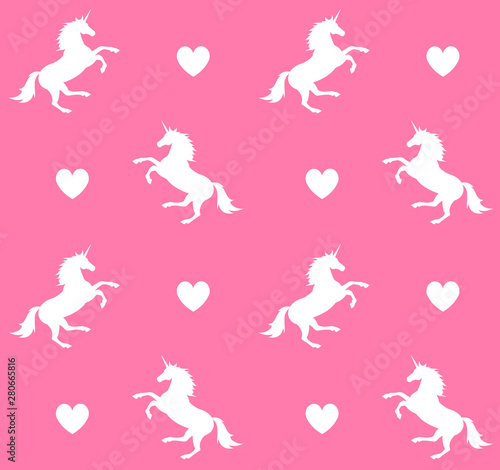 Vector seamless pattern of unicorn silhouette with hearts isolated on pastel rose pink