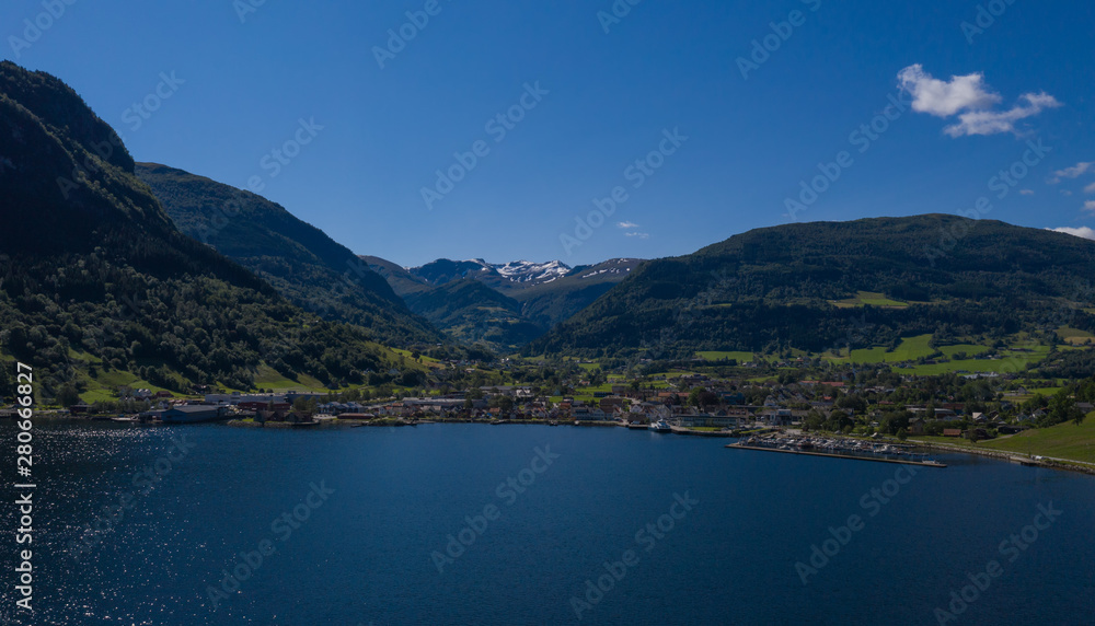 Vik, Norway - july, 2019: Vik port, Vik is a municipality in Sogn og Fjordane county. It is located on the southern shore of the Sognefjorden in the traditional district of Sogn. Aerial(drone) photo.