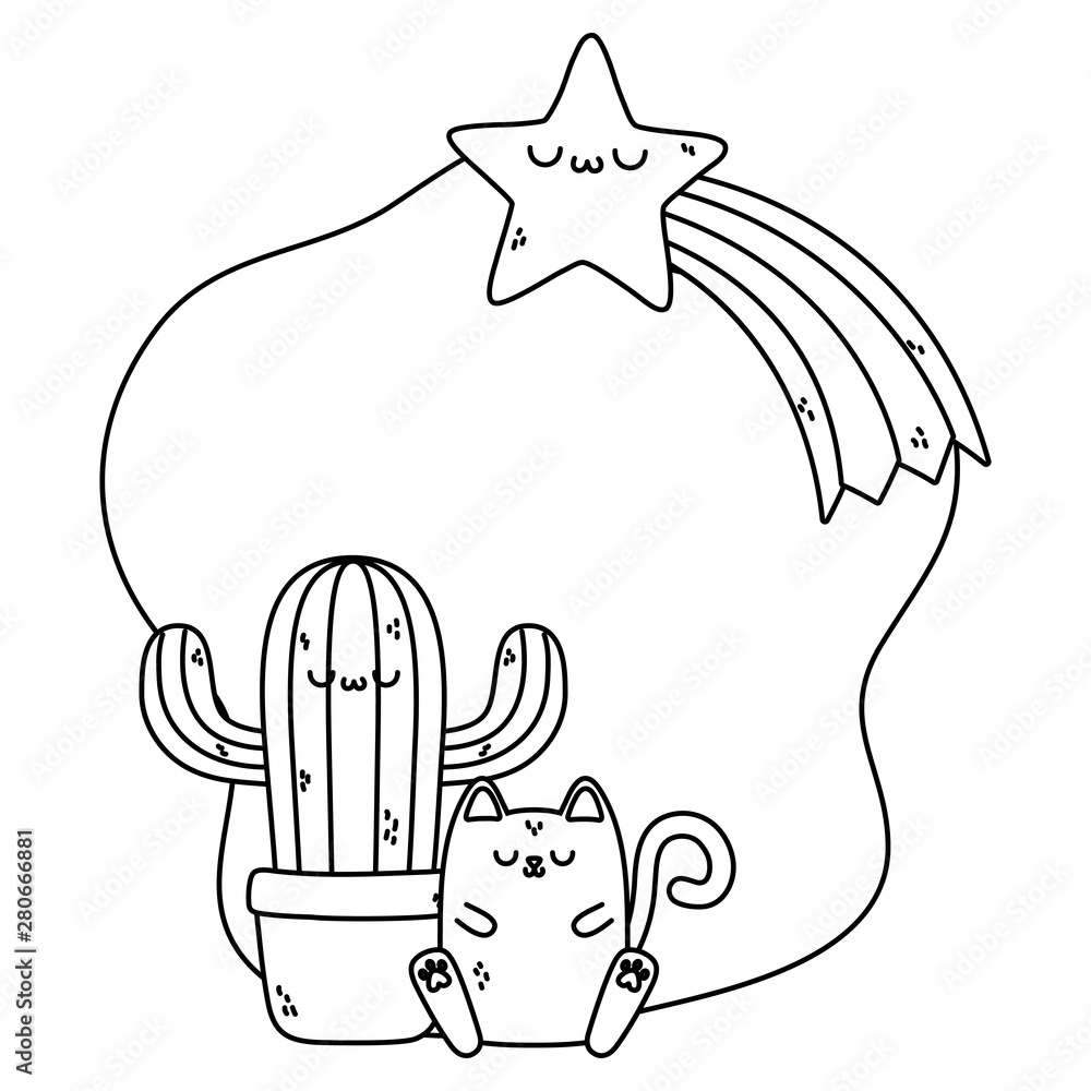 Kawaii of cactus and cat cartoon design