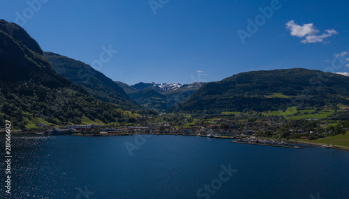 Vik  Norway - july  2019  Vik port  Vik is a municipality in Sogn og Fjordane county. It is located on the southern shore of the Sognefjorden in the traditional district of Sogn. Aerial drone  photo.