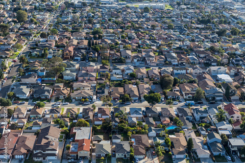 Aerial of dense residential neighborhood in Los Angeles County, California.